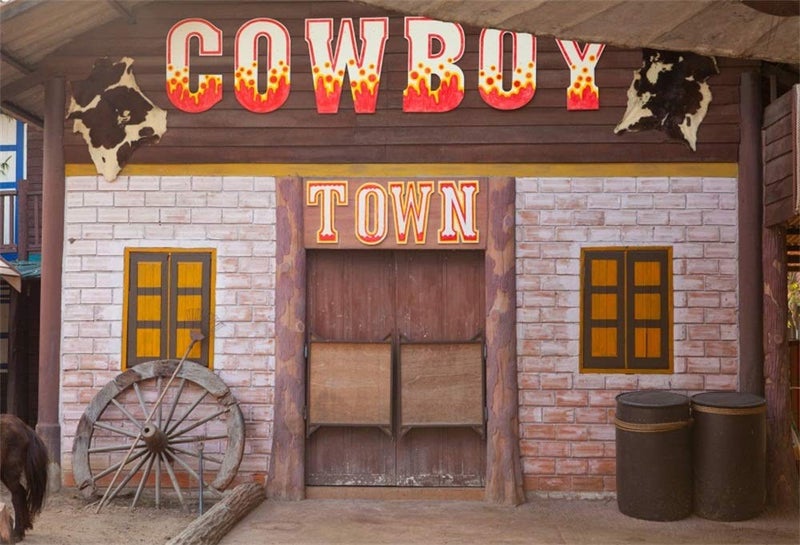 LFEEY 9x6ft Country Western Barn Backdrop for Parties Wild West Cowboy Farmhouse Tavern Wood Wheel Town Building Doorway Photography Background Theme Party Birthday Events Photo Studio Props - Image 3